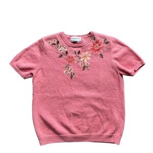 Alfred Dunner Pink Short-Sleeve Floral Embroidered Sweater Top